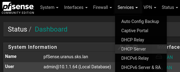 The DHCP server location in the pfSense menu