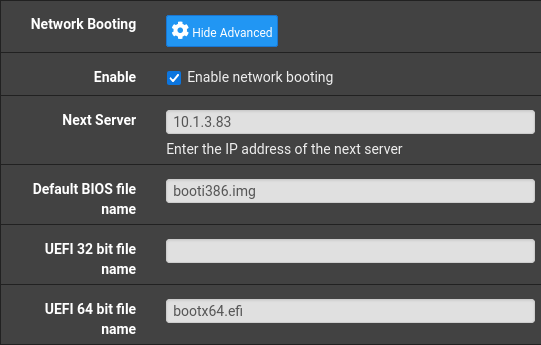 Text fields containing the netboot information